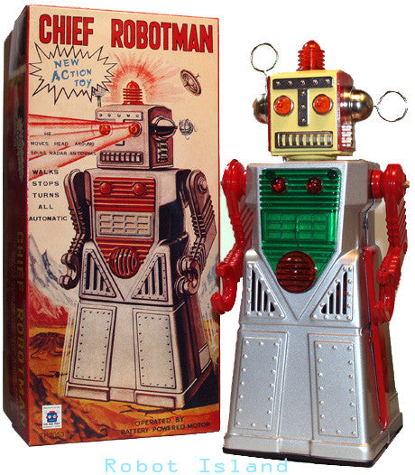 Chief Robotman Robot Tin Toy Battery Operated Silver - Sale!